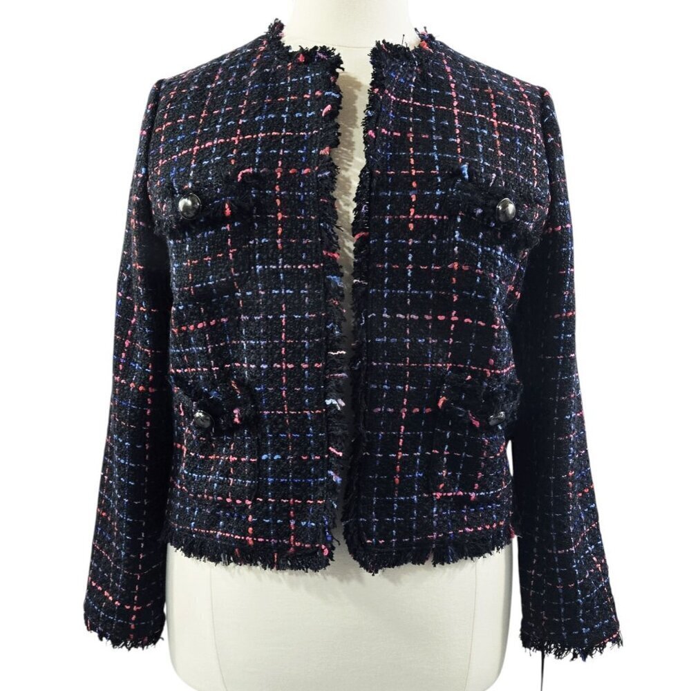 Halogen NWT Samantha Navy Blue Tweed Open Front Fringe Trim Blazer Preppy